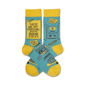 blue/yellow office-themed work from home crew socks with words 