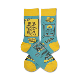blue/yellow office-themed work from home crew socks with words "my working from home socks".  