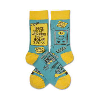 blue/yellow office-themed work from home crew socks with words "my working from home socks".  