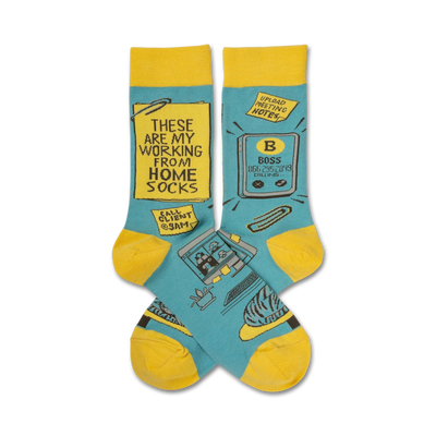 blue/yellow office-themed work from home crew socks with words "my working from home socks".  