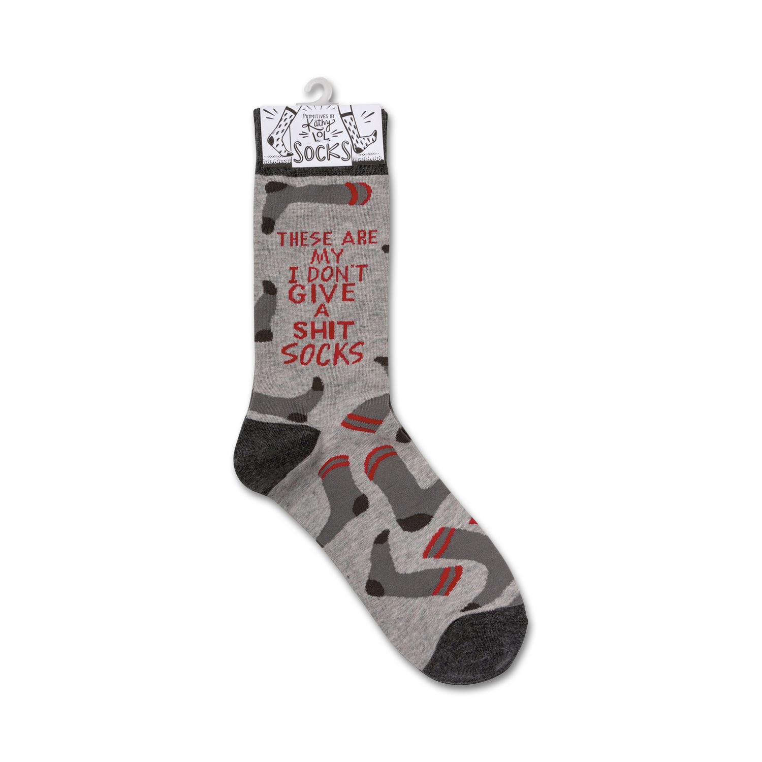 Product shot of a single 'I Don't Give A Shit' sock hanging on a retail display tag.