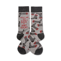 Grey crew socks with a red 'These Are My I Don't Give A Shit Socks' message and a repeated sock pattern.