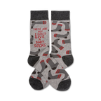 Grey crew socks with a red 'These Are My I Don't Give A Shit Socks' message and a repeated sock pattern.