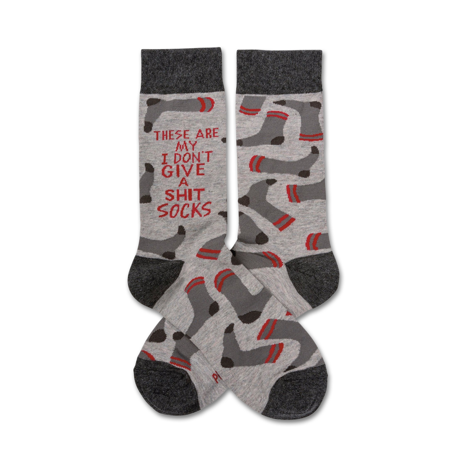 Grey crew socks with a red 'These Are My I Don't Give A Shit Socks' message and a repeated sock pattern.