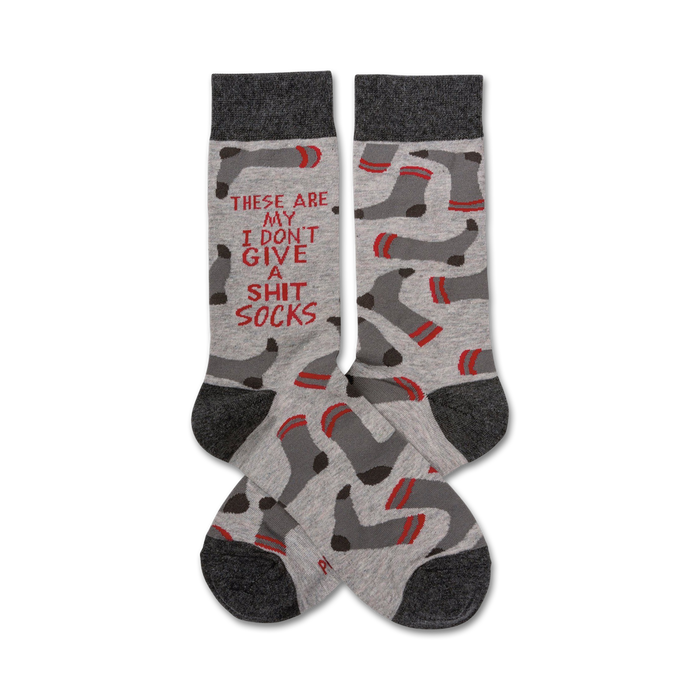 gray socks with red toe, heel, and sole; white text reads, 