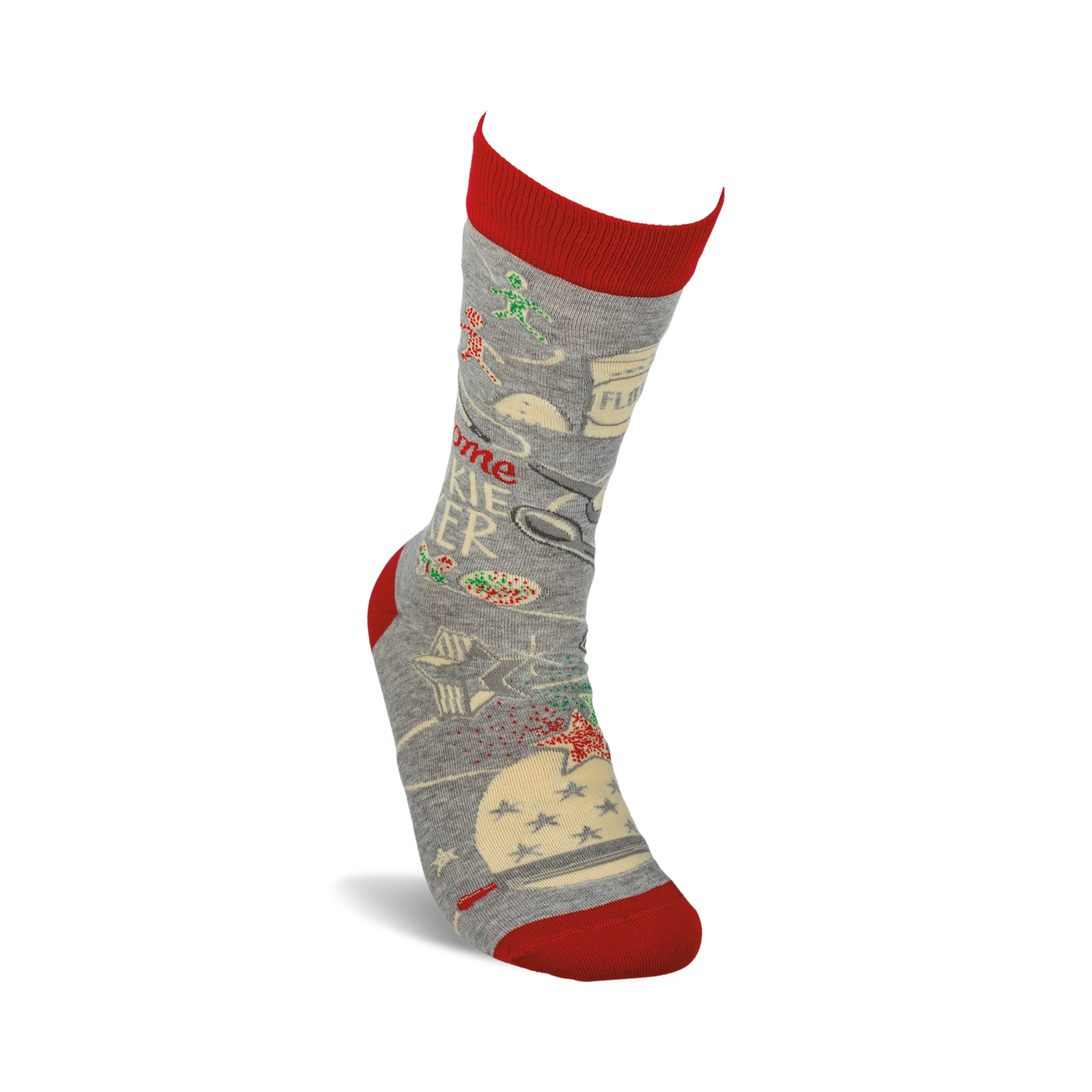 Lifestyle shot showing the Awesome Cookie Baker socks on a person's foot.  The socks are grey with red cuffs and a fun baking design.