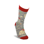 Lifestyle shot showing the Awesome Cookie Baker socks on a person's foot.  The socks are grey with red cuffs and a fun baking design.