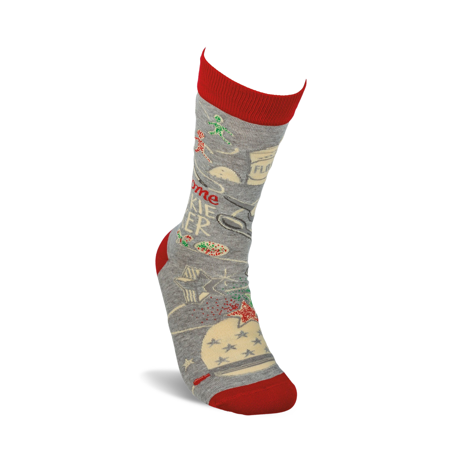 Lifestyle shot showing the Awesome Cookie Baker socks on a person's foot.  The socks are grey with red cuffs and a fun baking design.