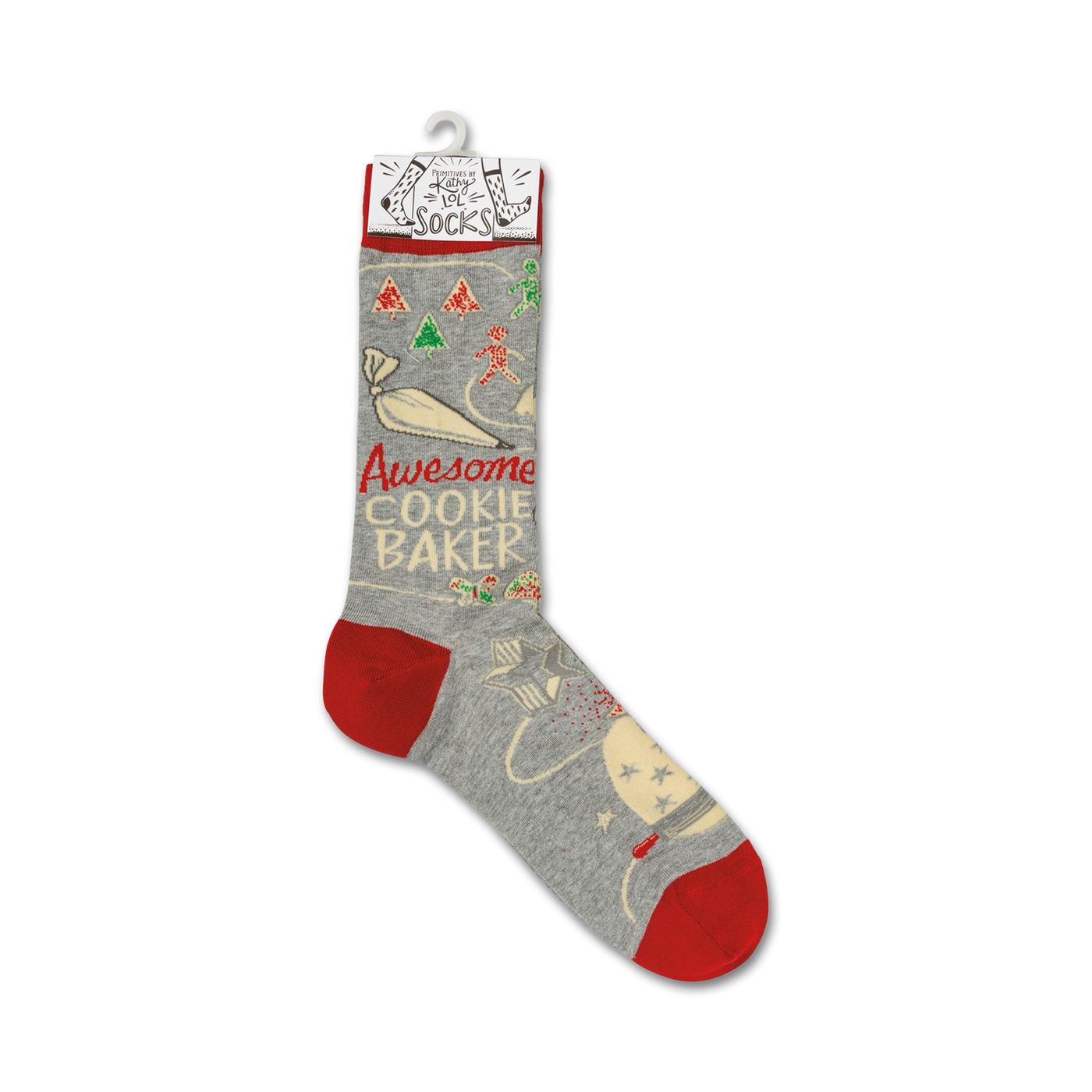 A single Awesome Cookie Baker sock is displayed on a white background; a close up showing the detailed design.