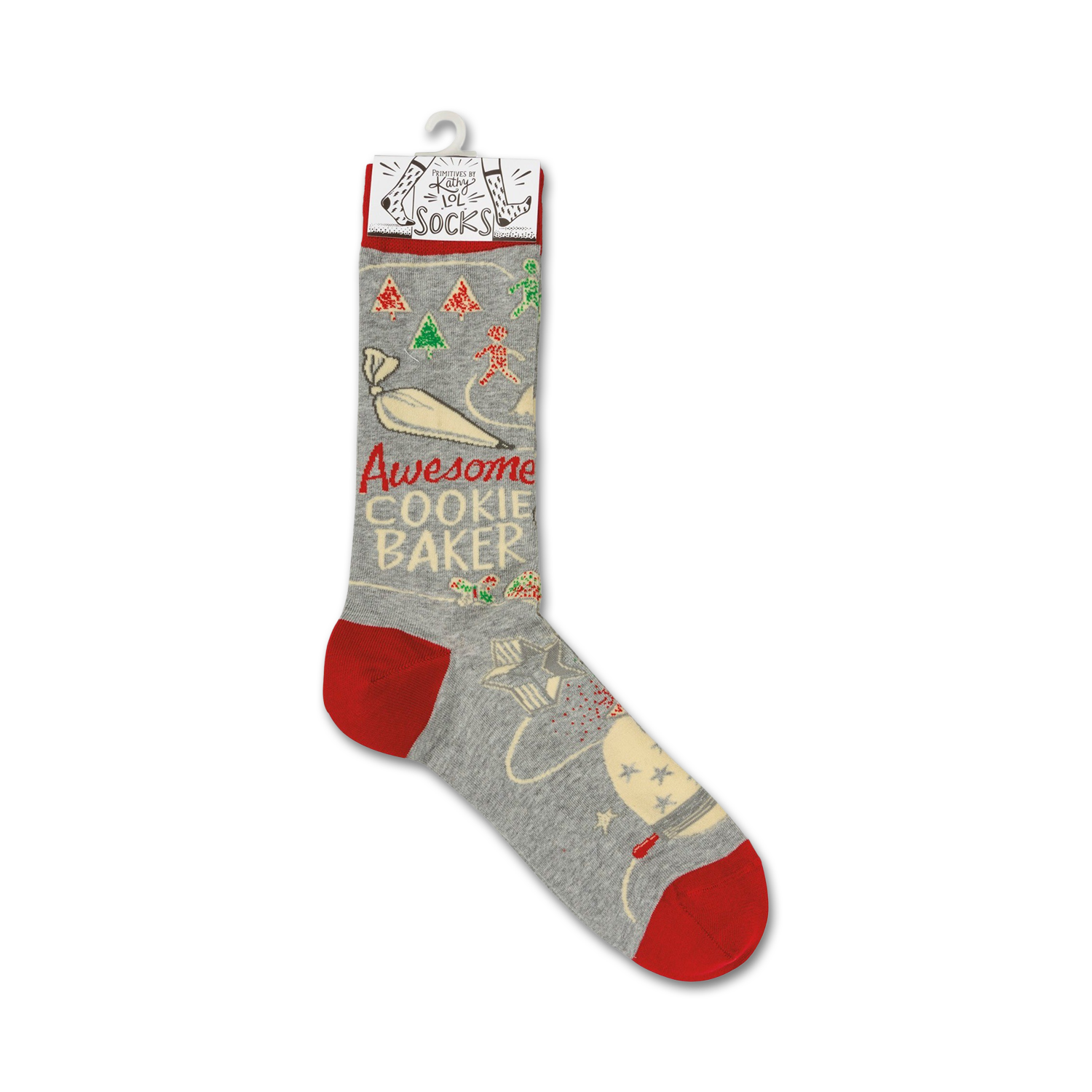 A single Awesome Cookie Baker sock is displayed on a white background; a close up showing the detailed design.