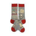 Grey crew socks with a red cuff.  The design features illustrations of cookie baking tools and ingredients, along with the text 'Awesome Cookie Baker'.