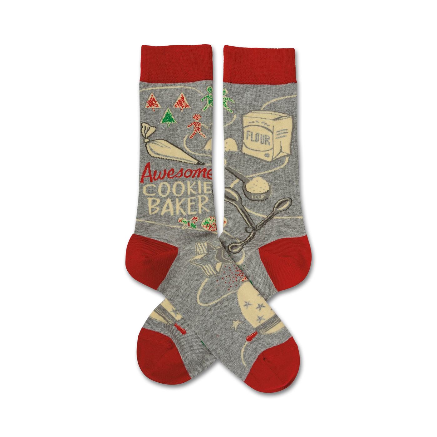 Grey crew socks with a red cuff.  The design features illustrations of cookie baking tools and ingredients, along with the text 'Awesome Cookie Baker'.