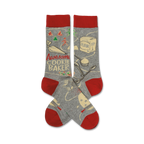 Grey crew socks with a red cuff.  The design features illustrations of cookie baking tools and ingredients, along with the text 'Awesome Cookie Baker'.
