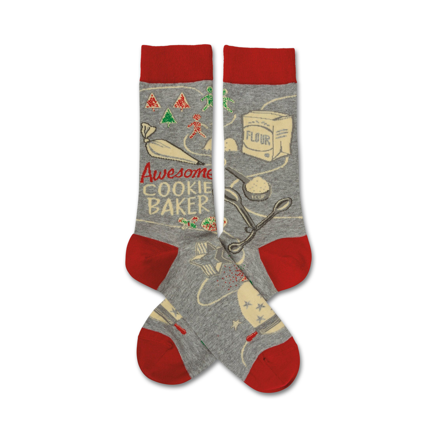 Grey crew socks with a red cuff.  The design features illustrations of cookie baking tools and ingredients, along with the text 'Awesome Cookie Baker'.