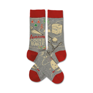 gray crew socks with red toes, heels, and cuffs; red rectangle with 