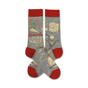gray crew socks with red toes, heels, and cuffs; red rectangle with "awesome cookie baker" in white; baking-related images; for men and women.  