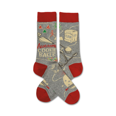 gray crew socks with red toes, heels, and cuffs; red rectangle with "awesome cookie baker" in white; baking-related images; for men and women.  