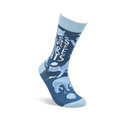 Single dark blue crew sock standing upright, with light blue cats and "Less People More Cats" text on a white background.