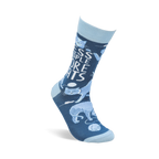 Single dark blue crew sock standing upright, with light blue cats and "Less People More Cats" text on a white background.