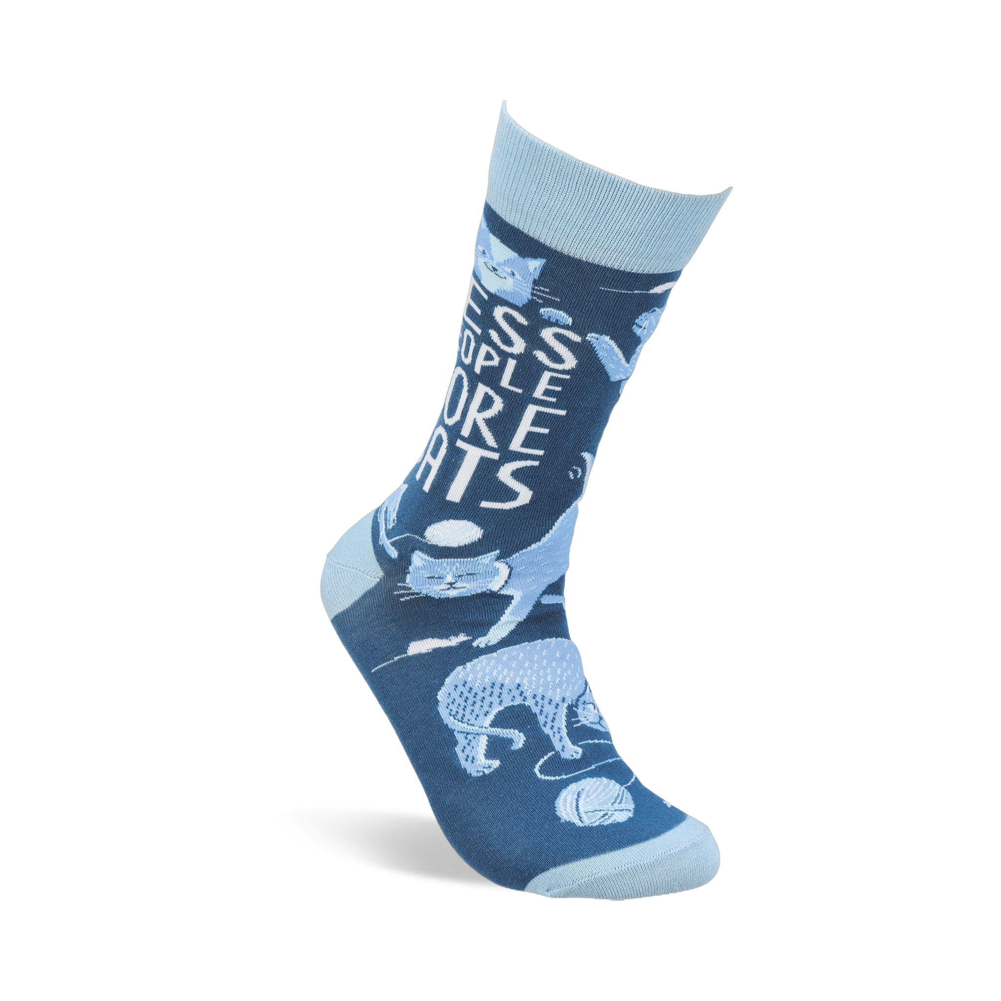 Single dark blue crew sock standing upright, with light blue cats and "Less People More Cats" text on a white background.