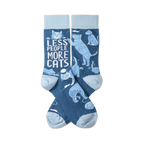 A pair of crew socks in dark blue with light blue heels, toes, and cuffs, featuring various light blue cats and white text.