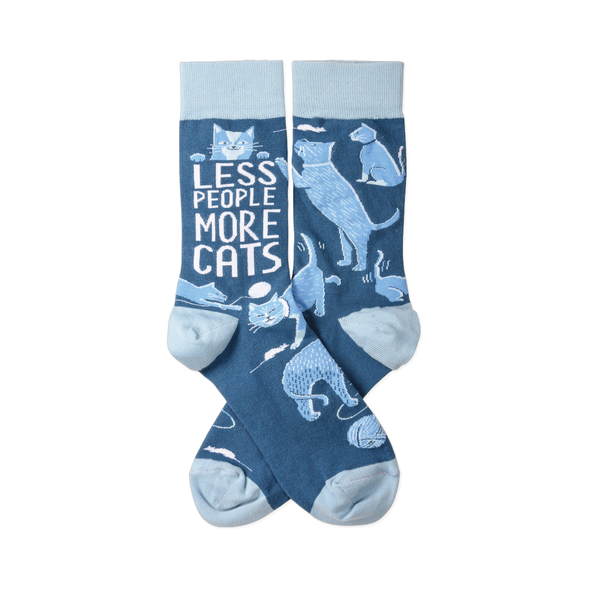 A pair of crew socks in dark blue with light blue heels, toes, and cuffs, featuring various light blue cats and white text.
