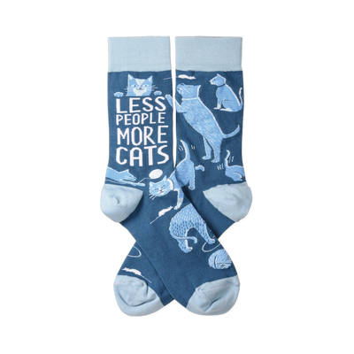 A pair of crew socks in dark blue with light blue heels, toes, and cuffs, featuring various light blue cats and white text.