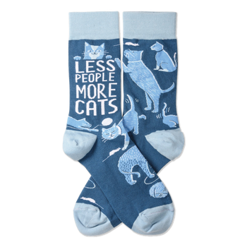 A pair of crew socks in dark blue with light blue heels, toes, and cuffs, featuring various light blue cats and white text.