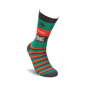 A pair of green socks with red and brown stripes and the words 