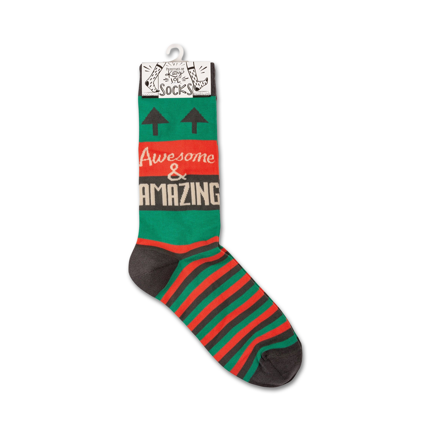 Product shot of a single Awesome & Amazing sock on a hanger, showing the full design and packaging.