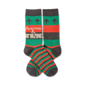 Pair of crew socks in green, red, and gray. Features horizontal stripes and the text 'Awesome & Amazing'. Upward pointing arrows are at the top.