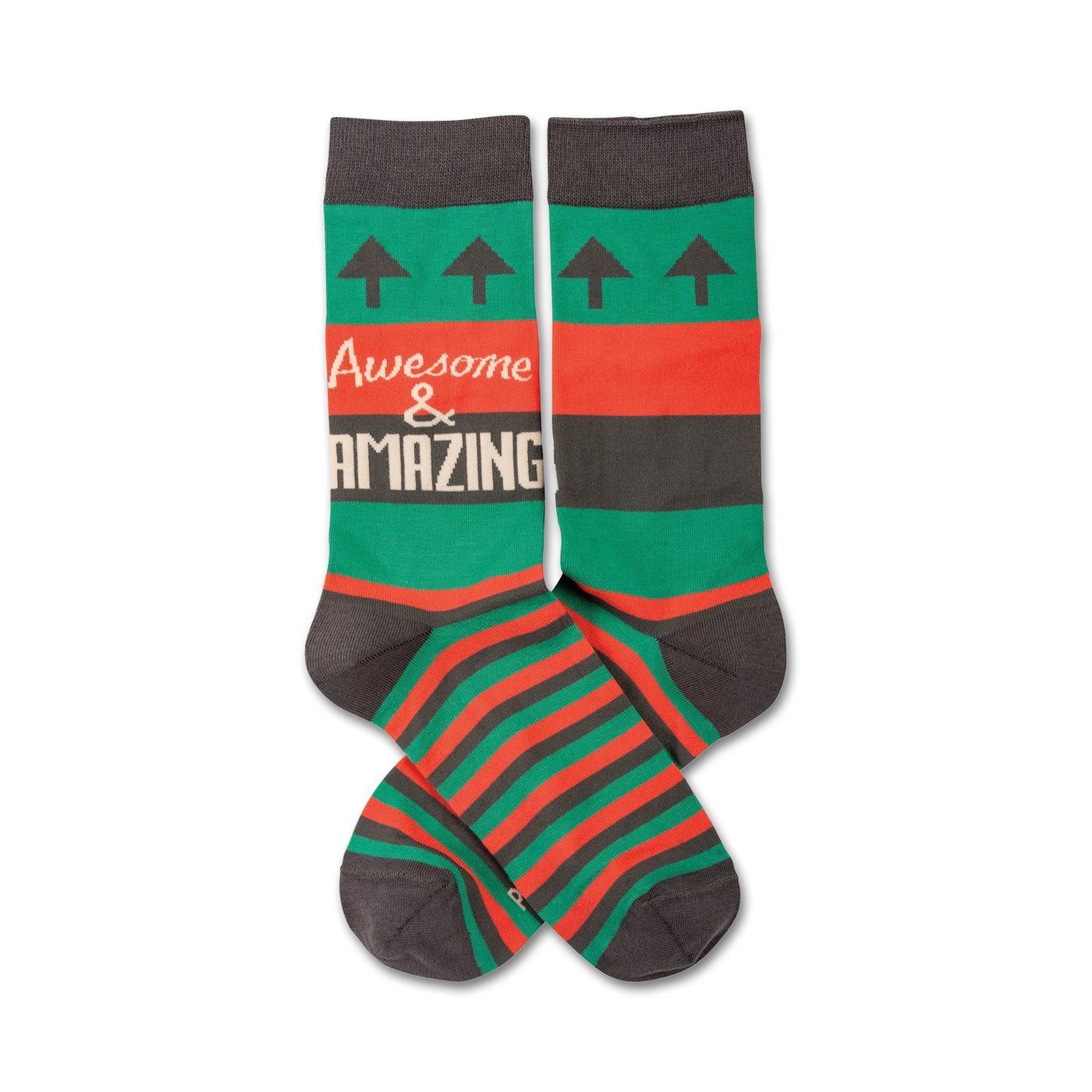 Pair of crew socks in green, red, and gray. Features horizontal stripes and the text 'Awesome & Amazing'. Upward pointing arrows are at the top.