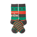 Pair of crew socks in green, red, and gray. Features horizontal stripes and the text 'Awesome & Amazing'. Upward pointing arrows are at the top.