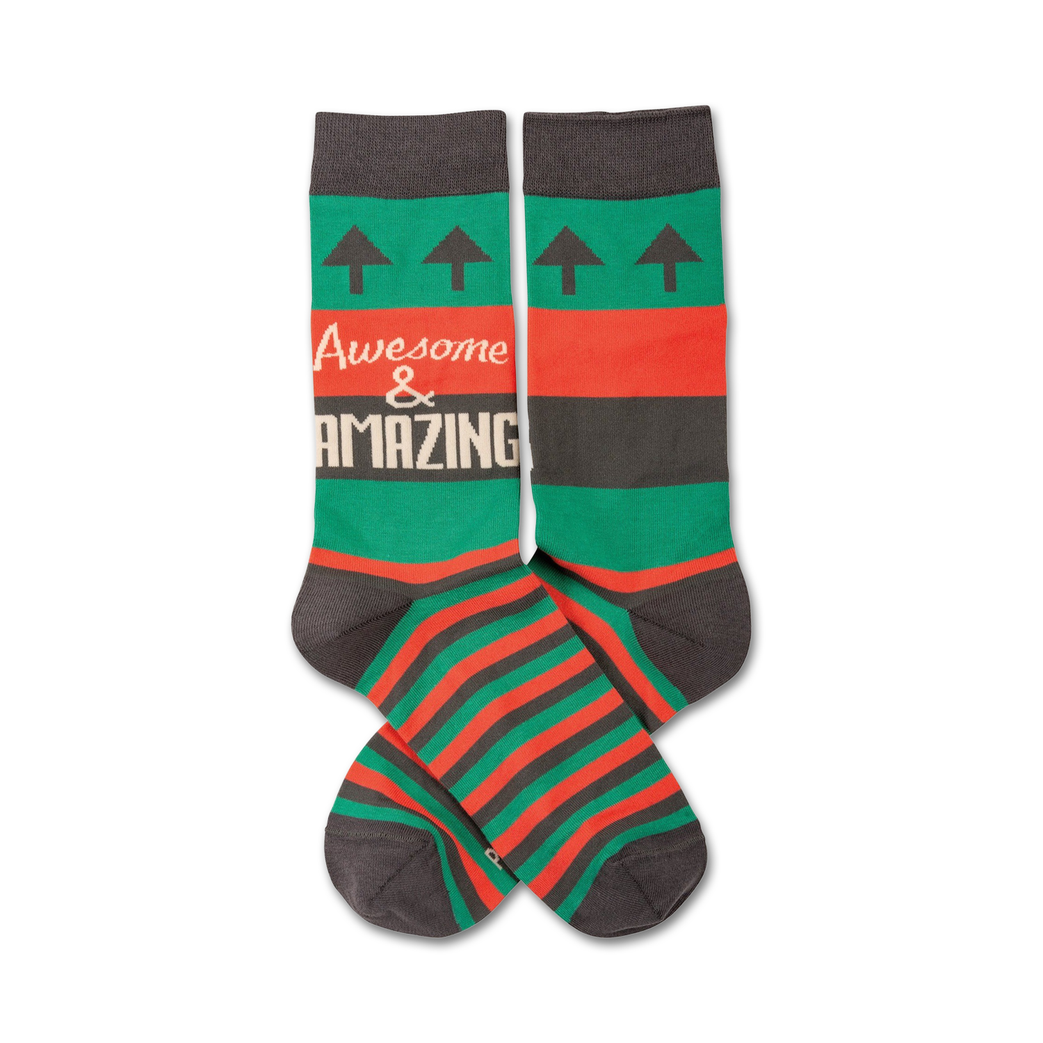 Pair of crew socks in green, red, and gray. Features horizontal stripes and the text 'Awesome & Amazing'. Upward pointing arrows are at the top.