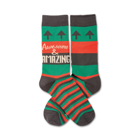 green, red, and gray striped crew socks with 'awesome & amazing' text. mens and womens.   