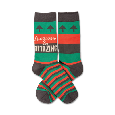 green, red, and gray striped crew socks with 'awesome & amazing' text. mens and womens.   