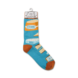 A blue sock with cartoonish illustrations of different types of cheese.