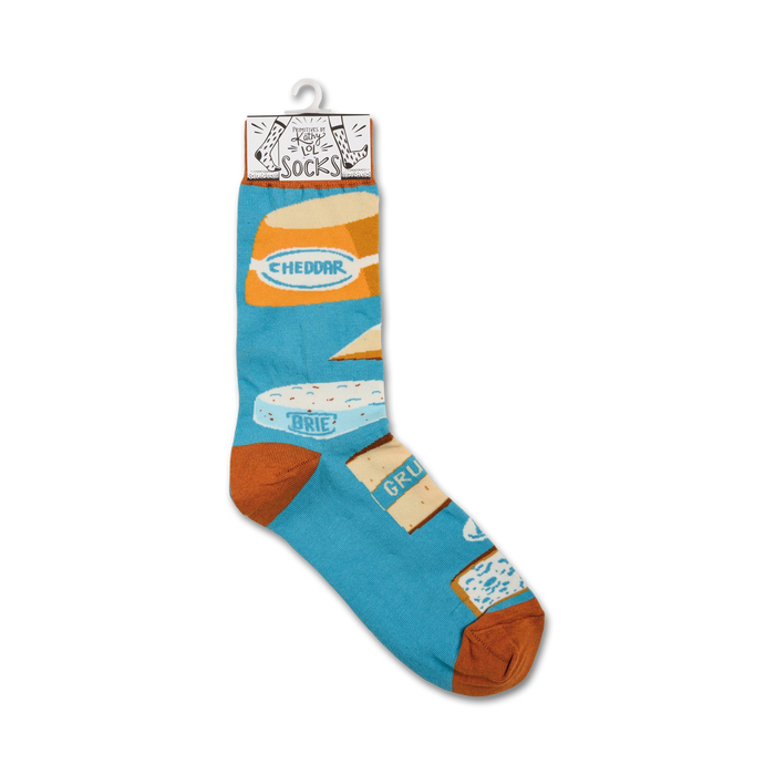 A blue sock with cartoonish illustrations of different types of cheese.