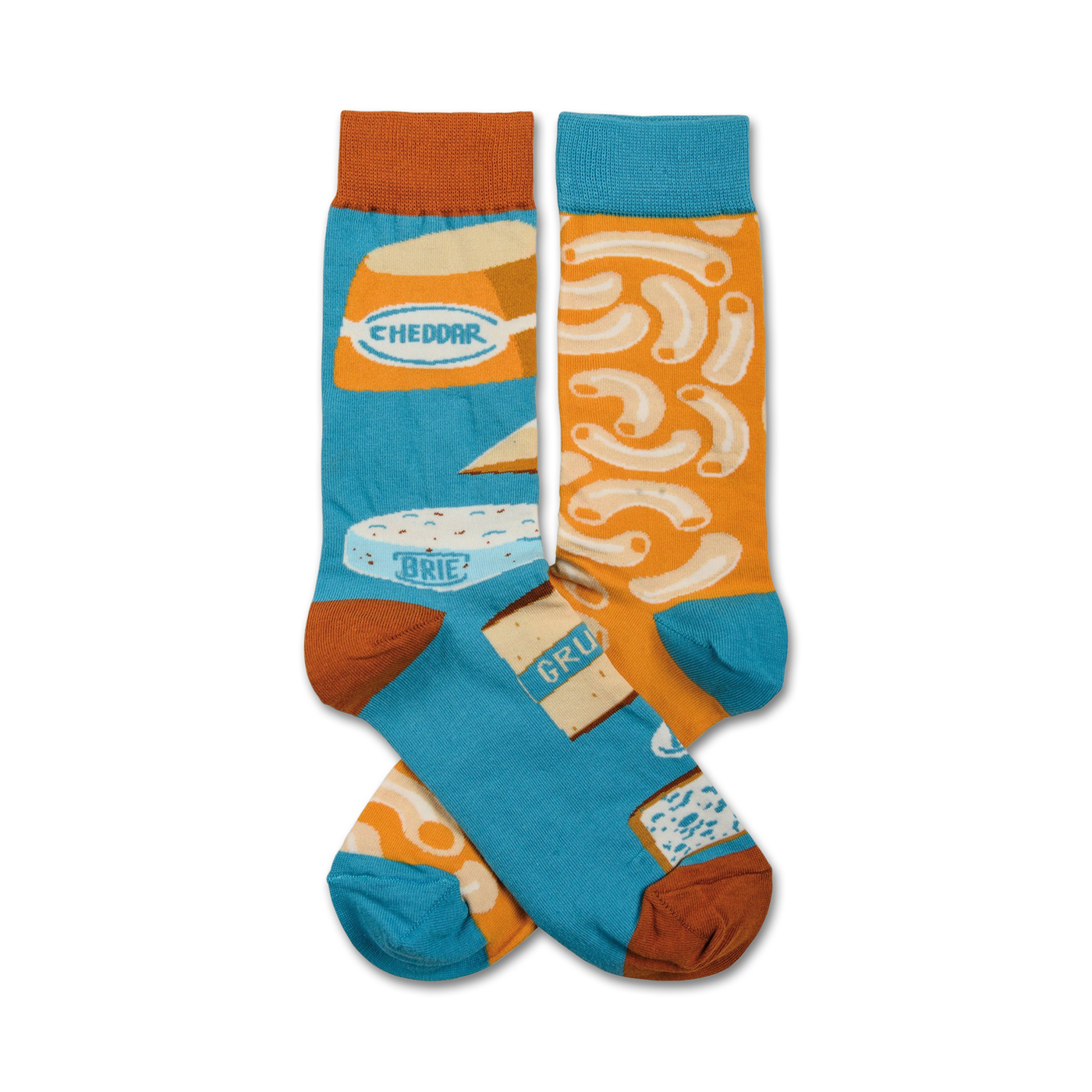 Pair of crew socks in teal and orange, featuring illustrations of macaroni and cheese, brie, cheddar, and gruyere.