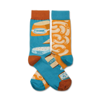 Pair of crew socks in teal and orange, featuring illustrations of macaroni and cheese, brie, cheddar, and gruyere.
