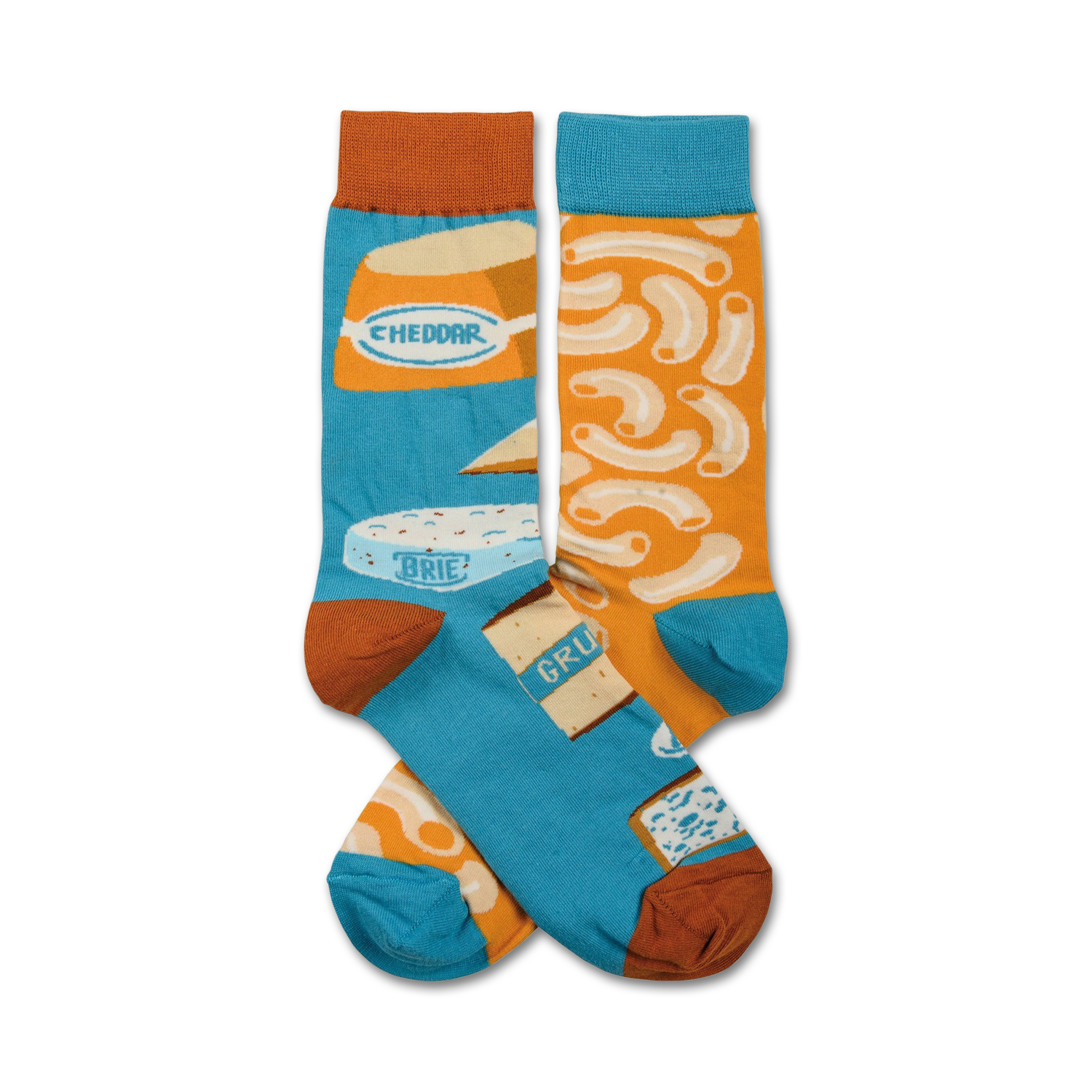 Pair of crew socks in teal and orange, featuring illustrations of macaroni and cheese, brie, cheddar, and gruyere.
