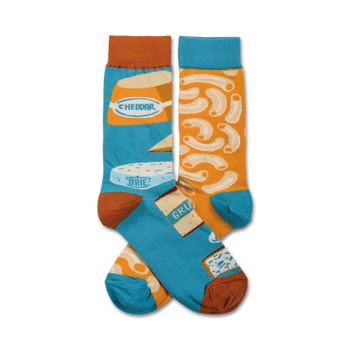 blue crew socks with orange toes and cuffs, featuring a pattern of macaroni and cheese.   