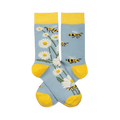 Pair of light blue crew socks with yellow cuffs, heels, toes. One sock has white daisies, the other has yellow and black bees.