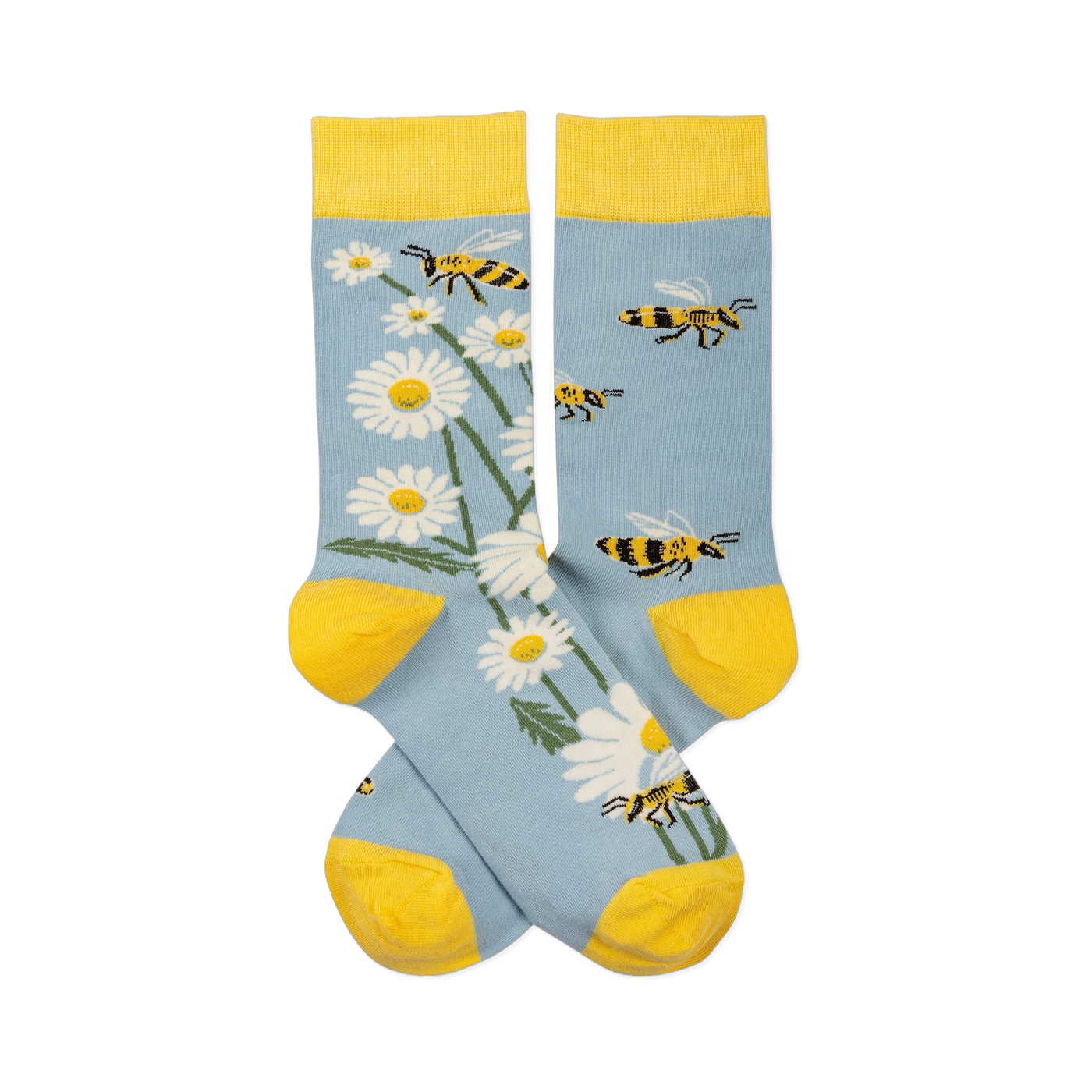 Pair of light blue crew socks with yellow cuffs, heels, toes. One sock has white daisies, the other has yellow and black bees.