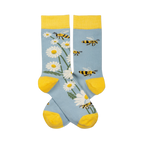 Pair of light blue crew socks with yellow cuffs, heels, toes. One sock has white daisies, the other has yellow and black bees.