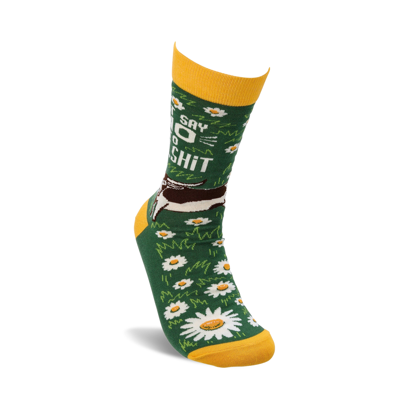 Close-up of a single 'Just Say No To Bullshit' sock on a model's foot, highlighting the design details.