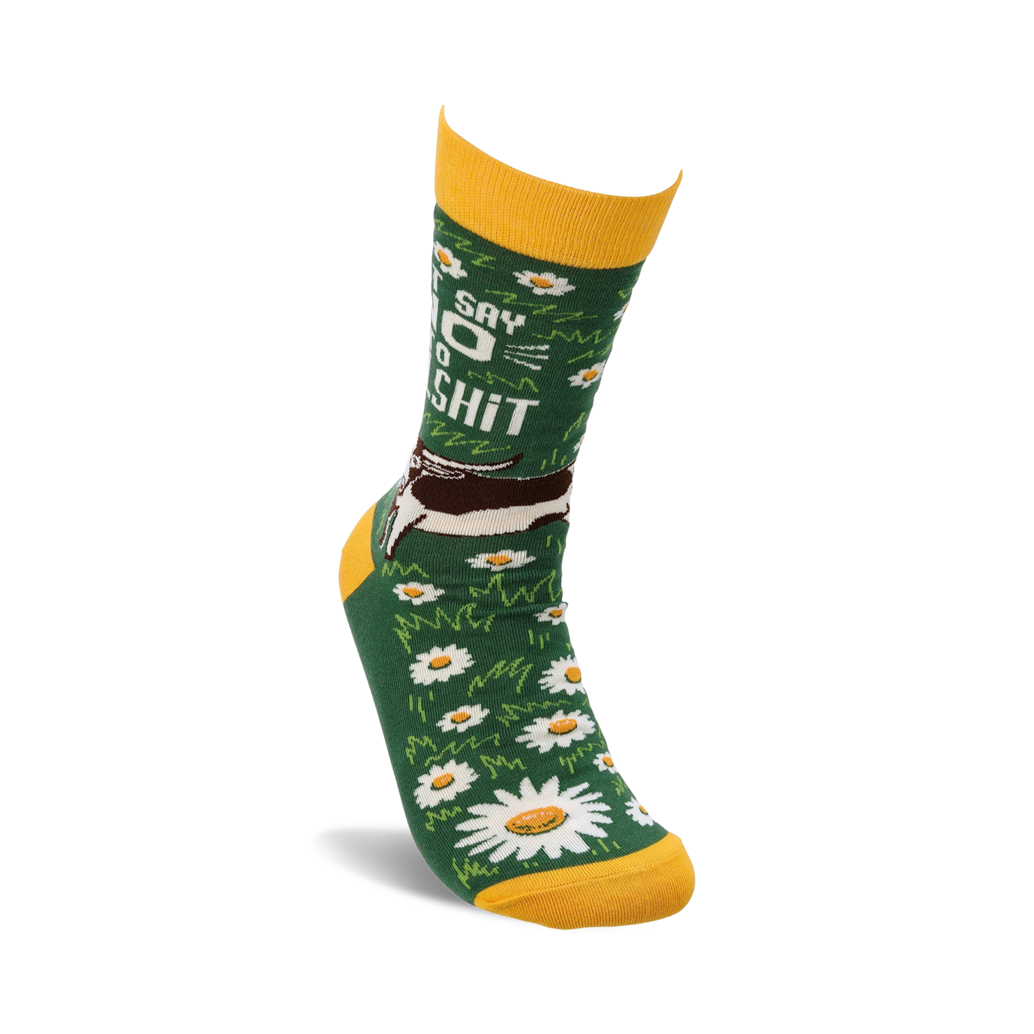 Close-up of a single 'Just Say No To Bullshit' sock on a model's foot, highlighting the design details.