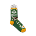 Product shot of 'Just Say No To Bullshit' socks on a retail hanger, showing the full sock design.