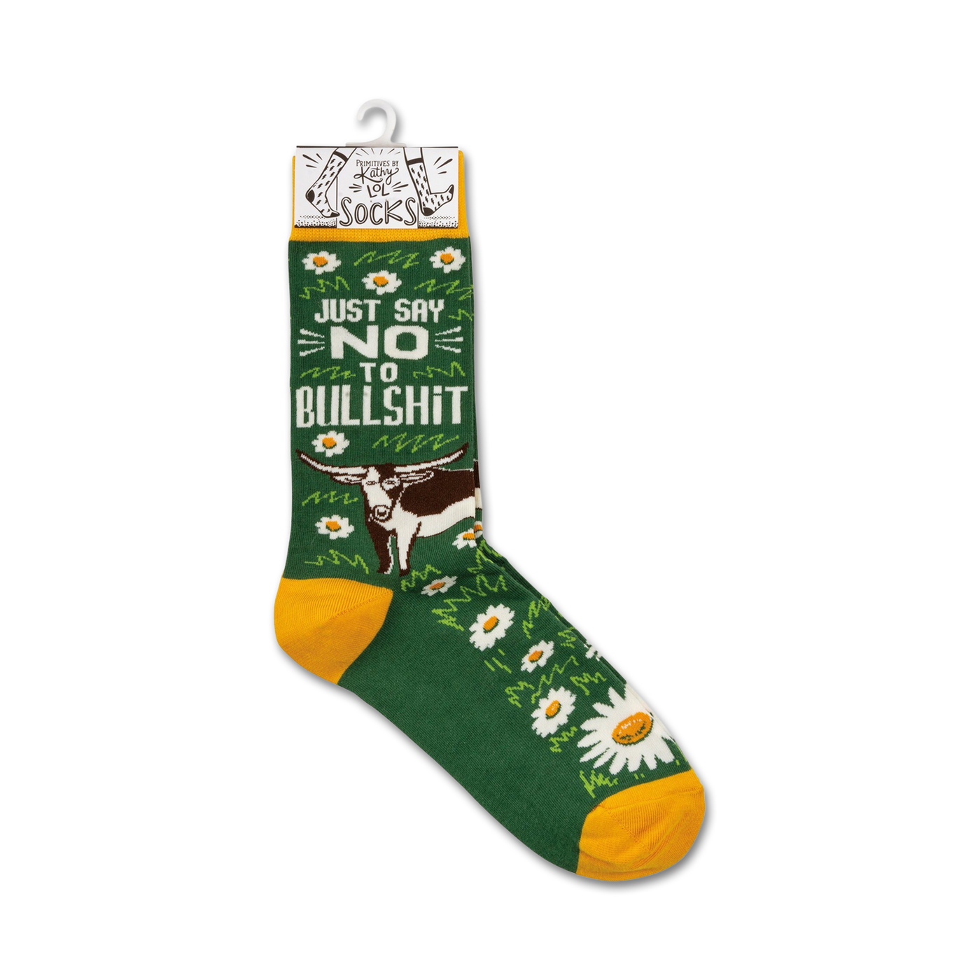 Product shot of 'Just Say No To Bullshit' socks on a retail hanger, showing the full sock design.