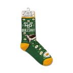 Product shot of 'Just Say No To Bullshit' socks on a retail hanger, showing the full sock design.